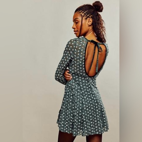 FREE PEOPLE SHEER DELIGHT MINI DRESS IN GREEN - Picture 3 of 9